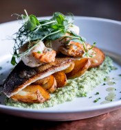 Seabass and Scallops with minted edamame and pea puree