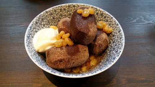 Hispi Barley Malt Beignets with Malt Ice Cream and Whiskey Sultanas