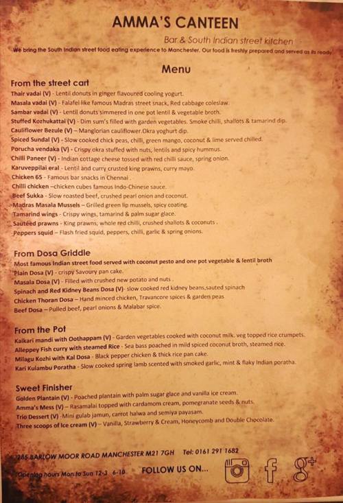 Menu of Indian restaurant Amma's Canteen in south Manchester